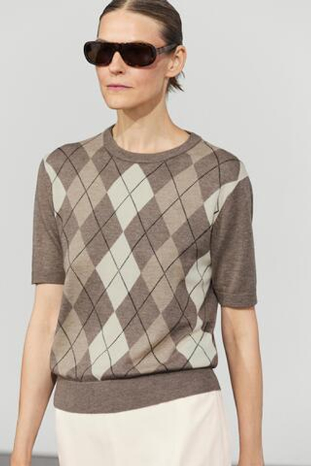 Massimo Dutti Свитер с короткими рукавами и ромбовидным узором, серо-коричневый