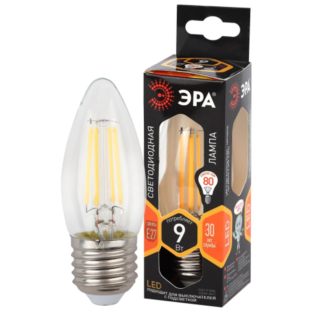 Лампа светодиодная ЭРА F-LED B35-9w-827-E27 9Вт филамент свеча теплый белый свет Е27 | Филаментные декоративные