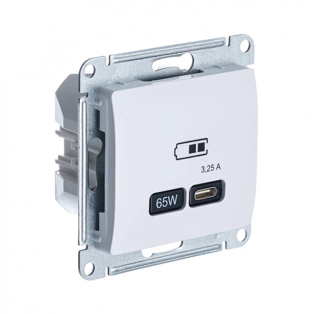 GLOSSA USB РОЗЕТКА тип-C 65Вт высокоскор.заряд. QC, PD, механизм, БЕЛЫЙ