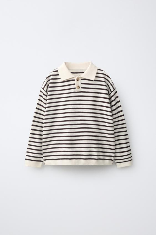 ZARA ОДНОТОННОЕ ТРИКОТАЖНОЕ ПОЛО, ЭКРЮ/КОРИЧНЕВЫЙ