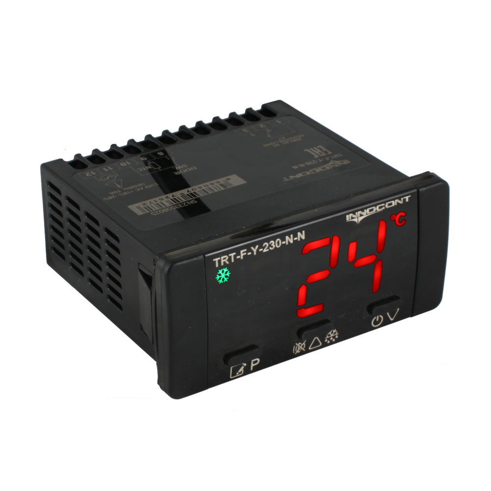 Температурный контроллер INNOCONT TRT-F-Y-230-2N-3N для управления охлаждением/размораживанием, 4 разряда, 77х35х61 мм, 2xNTC, выходы реле на компрессор, охладитель и испаритель, ON/OFF, 230VAC, встроенный фиксатор