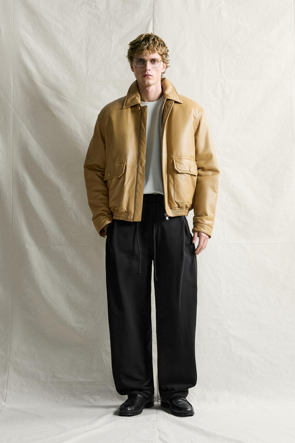 ZARA СТЕГАНАЯ КУРТКА ИЗ КОЖИ НАППА СВОБОДНОГО КРОЯ, ОХРА