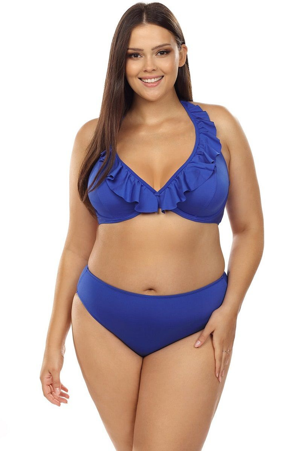 Раздельный купальник plus size с игривой оборкой на лифе (Размер: 85D/42) (Цвет: синий)