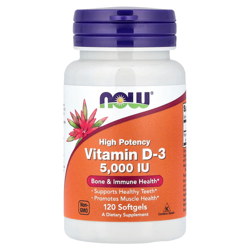 NOW Foods, высокоактивный витамин D3, 125 мкг (5000 МЕ), 120 капсул