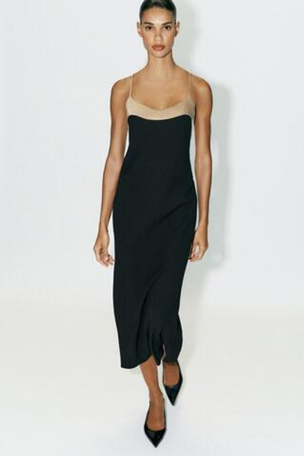 ZARA КОМБИНИРОВАННОЕ ПЛАТЬЕ В БЕЛЬЕВОМ СТИЛЕ, ЧЕРНЫЙ