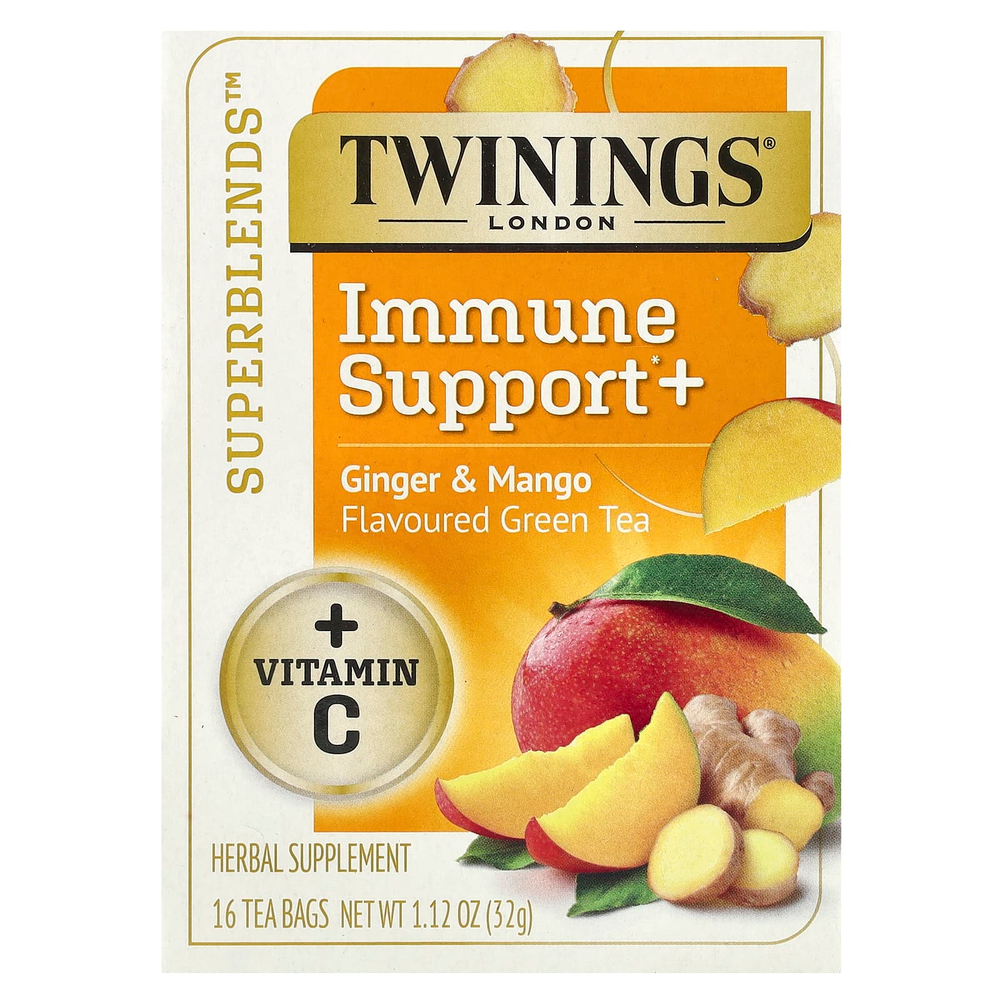 Twinings, Superblends ™, поддержка иммунитета и зеленый чай, имбирь и манго, 16 чайных пакетиков, 32 г (1,12 унции)
