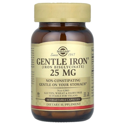 Solgar, Gentle Iron 25 mg, 90 Veg Capsules | Oson oʻzlashtiriladigan temir, 25 mg, 90 kapsula