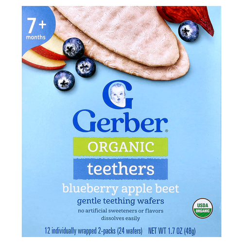 Gerber, органические прорезыватели, вафли для нежного прорезывания зубов, для детей от 7 месяцев, голубика, яблоко и свёкла, 12 пакетиков по 2 шт. в индивидуальной упаковке по 4 г (0,14 унции)