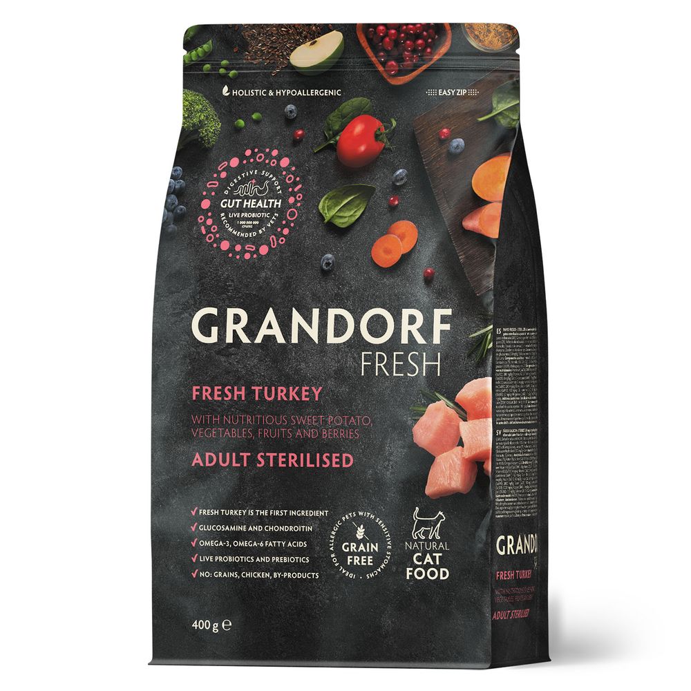 Беззерновой корм с живыми пробиотиками GRANDORF Fresh Cat STERILISED Turkey&Sweet Potato Свежее мясо индейки с бататом для стерилизованных кошек 400 г Беззерновой корм с живыми пробиотиками GRANDORF Fresh Cat STERILISED Turkey&Sweet Potato Свежее мясо индейки с бататом для стерилизованных кошек 400 г