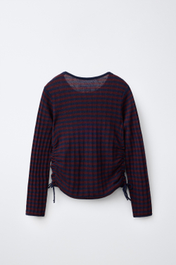 ZARA СВИТЕР В ПОЛОСКУ СО СБОРКАМИ, ТЕМНО-БОРДОВЫЙ