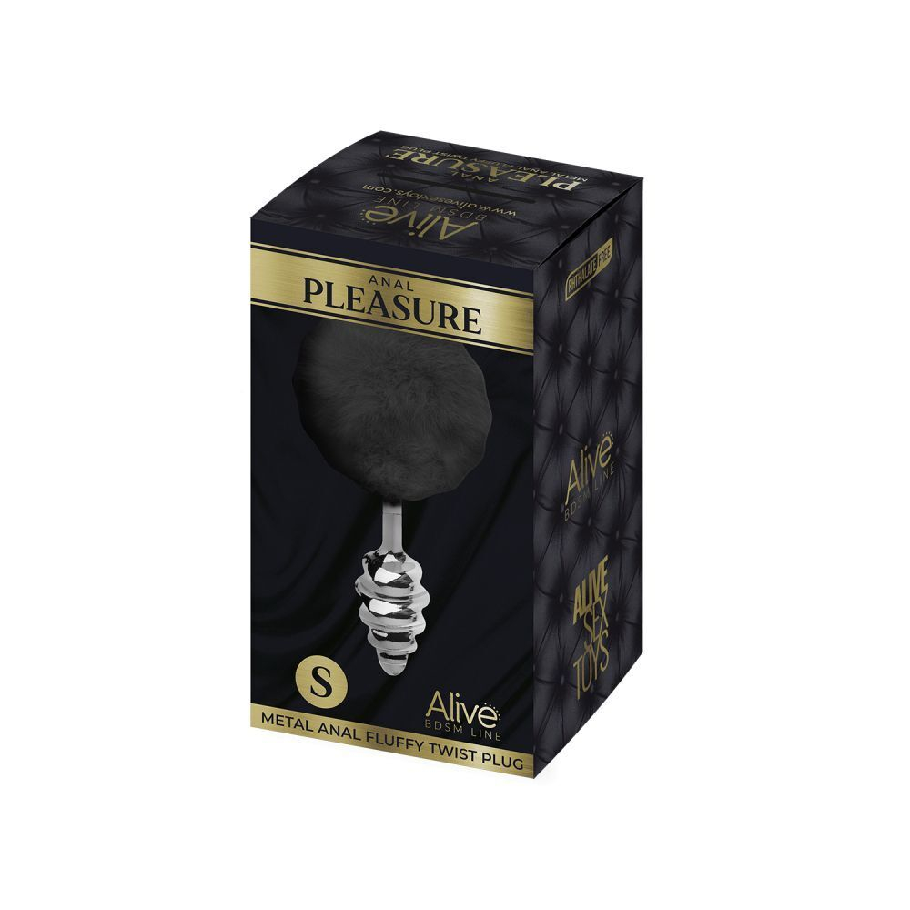 Серебристая анальная пробка с черным хвостиком Metal Anal Fluffly Twist Plug S (Цвет: серебристый с черным)