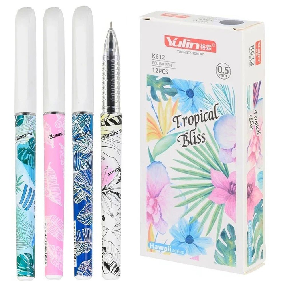Ручка гелевая, Yulin, чёрные чернила, серия "Tropical bliss", 4 цвета корпуса, 12 шт Ручка гелевая, Yulin, чёрные чернила, серия "Tropical bliss", 4 цвета корпуса, 12 шт
