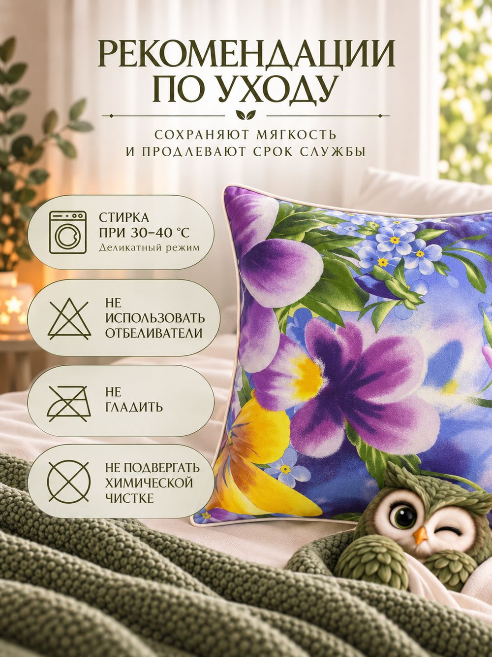Подушка 60х60 для сна, чехол 100% хлопок, лаванда