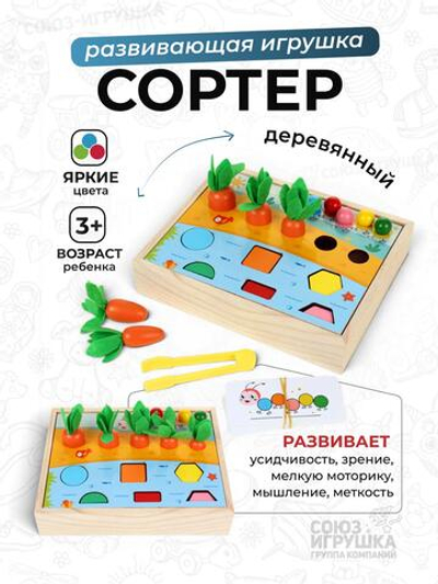 Развивающая игрушка деревянная Рыбалка река, огород + сортер с шариками, коробка C-41683