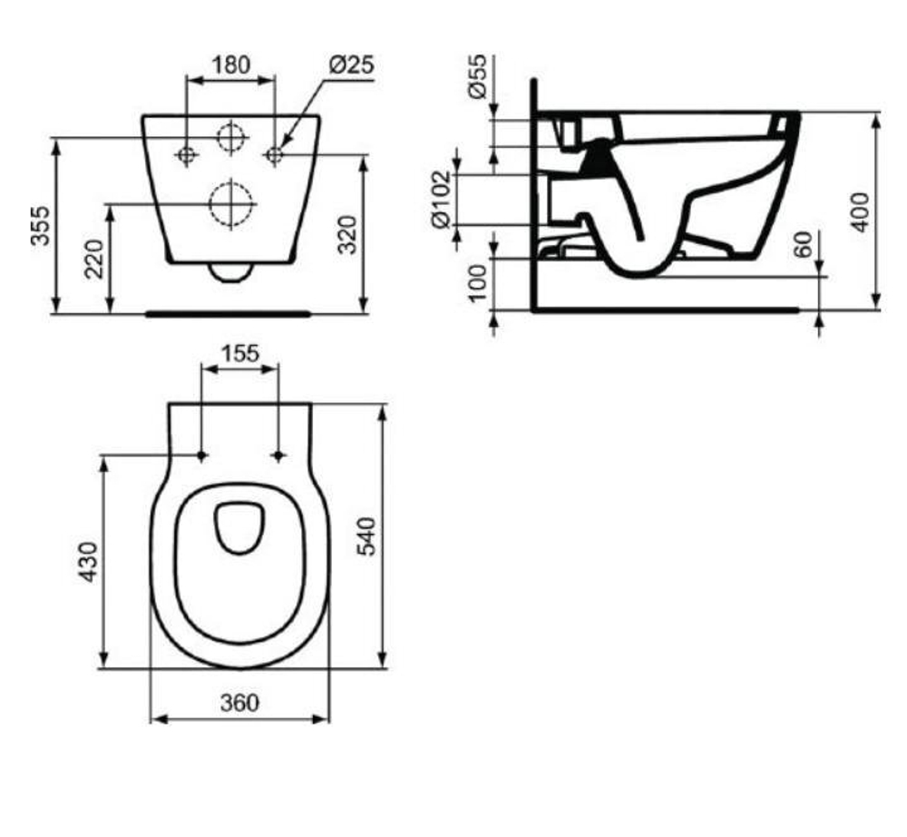 E822301 CONNECT Rimless Безободковый подвесной унитаз, глубокий смыв, с сидением и крышкой с функцией плавного закрытия E772401, без крепежа