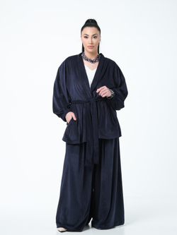 Костюм : палаццо + кафтан с поясом / бархат мрамор чернильный