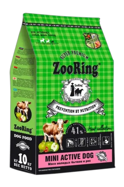 Zooring Mini Active Dog Сухой корм для собак мелких пород Мясо молодых бычков с рисом, 10 кг