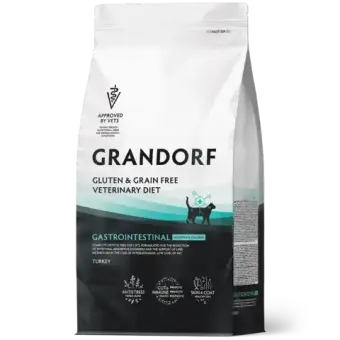 Сухой корм GRANDORF VETERINARY DIET Cat GASTROINTESTINAL MODERATE CALORIE, Полнорационный диетический сухой корм для кошек, разработанный для лечения острых расстройств пищеварения и поддержки липидного обмена при гиперлипидемии индейка 0,4кг
