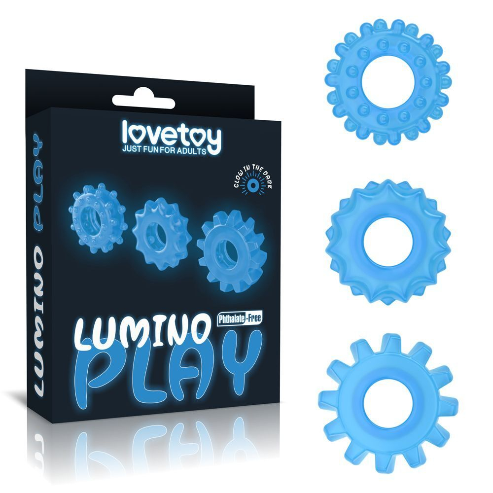 Набор из 3 голубых, светящихся в темноте эрекционных колец Lumino Play (Цвет: голубой)