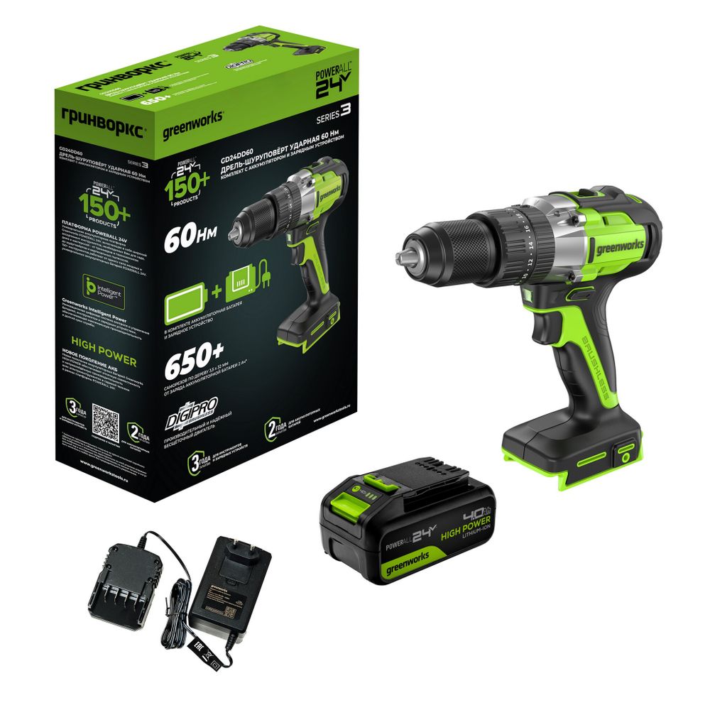 Дрель-шуруповерт ударная акк. Greenworks GD24DD60, 24V, б/щет, 30/60Нм,1х4Ач,ЗУ,кор (3704107CUB)