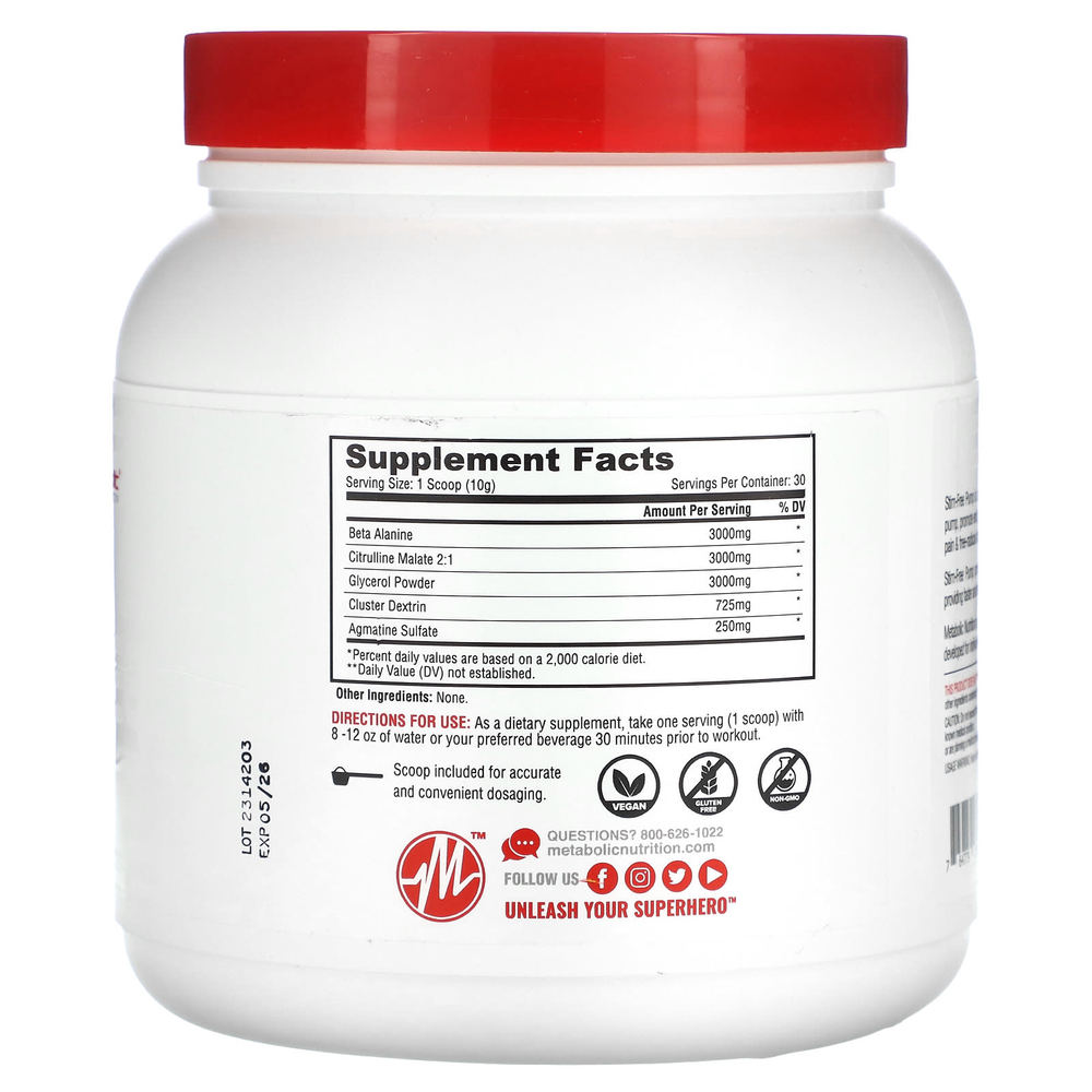 Metabolic Nutrition, Stim-Free Pump, без добавок, 300 г (10,58 унции)