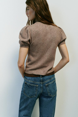 ZARA ТРИКОТАЖНЫЙ ДЖЕМПЕР С КОРОТКИМ РУКАВОМ, РЫЖЕВАТО-КОРИЧНЕВЫЙ