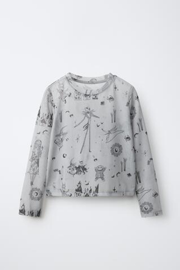 ZARA ФУТБОЛКА ИЗ ПОЛУПРОЗРАЧНОЙ ТКАНИ THE NIGHTMARE BEFORE CHRISTMAS © DISNEY, СЕРЫЙ