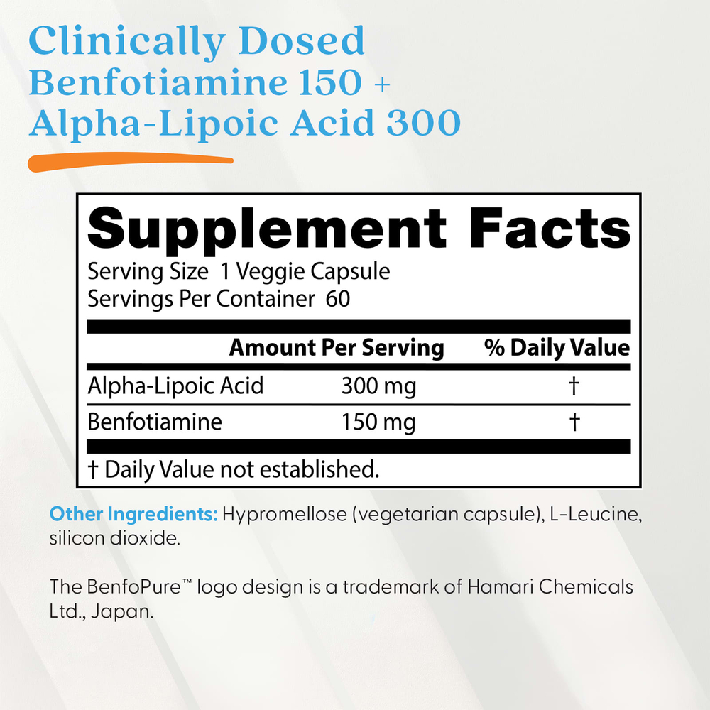 Doctor's Best, бенфотиамин 150 и альфа-липоевая кислота 300, 60 вегетарианских капсул