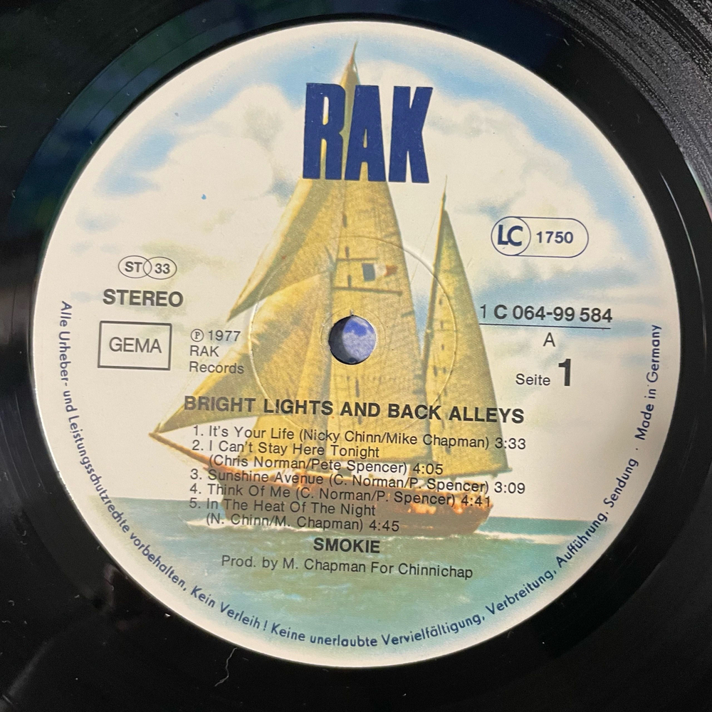 Винтажная виниловая пластинка LP Smokie, Bright Lights And Back Alleys (Германия 1977)