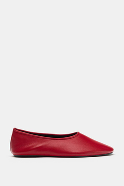 ZARA КОЖАНЫЕ БАЛЕТКИ НА ПЛОСКОЙ ПОДОШВЕ, КРАСНЫЙ