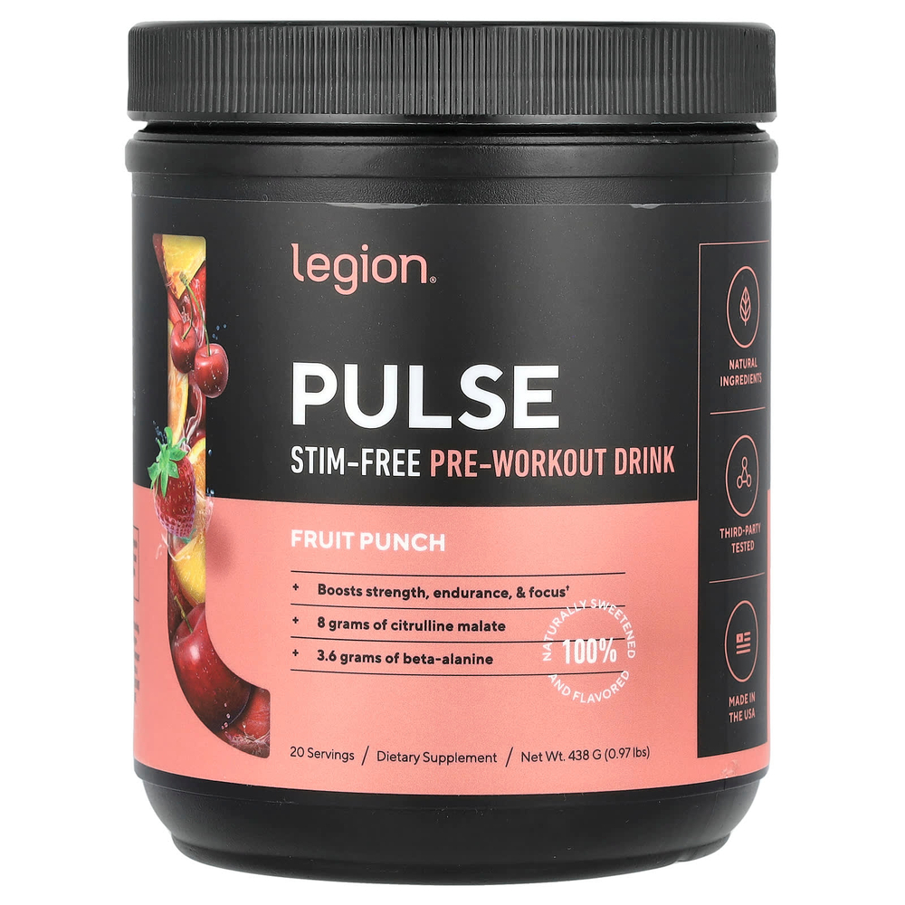 Legion Athletics, Pulse, предтренировочный напиток без стимуляторов, фруктовый пунш, 438 г