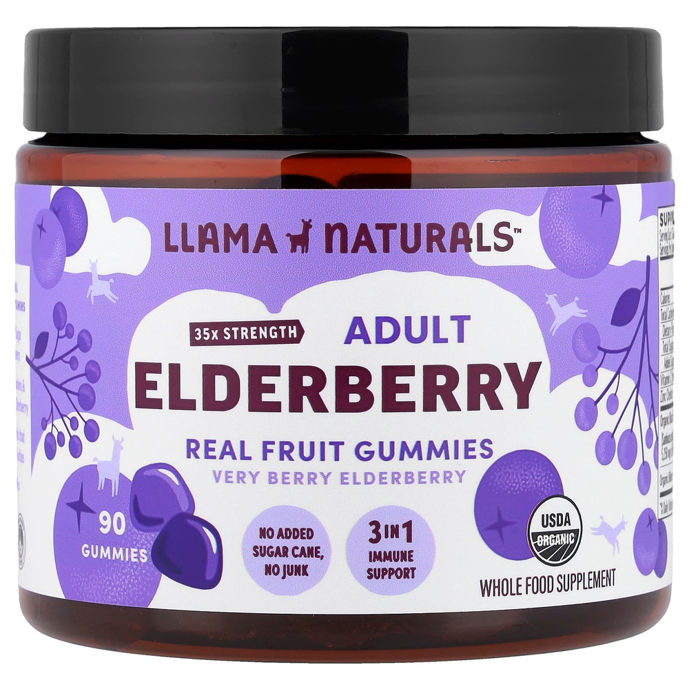 Llama Naturals, бузина для взрослых, натуральные фруктовые жевательные таблетки, с ягодным вкусом, 90 жевательных таблеток