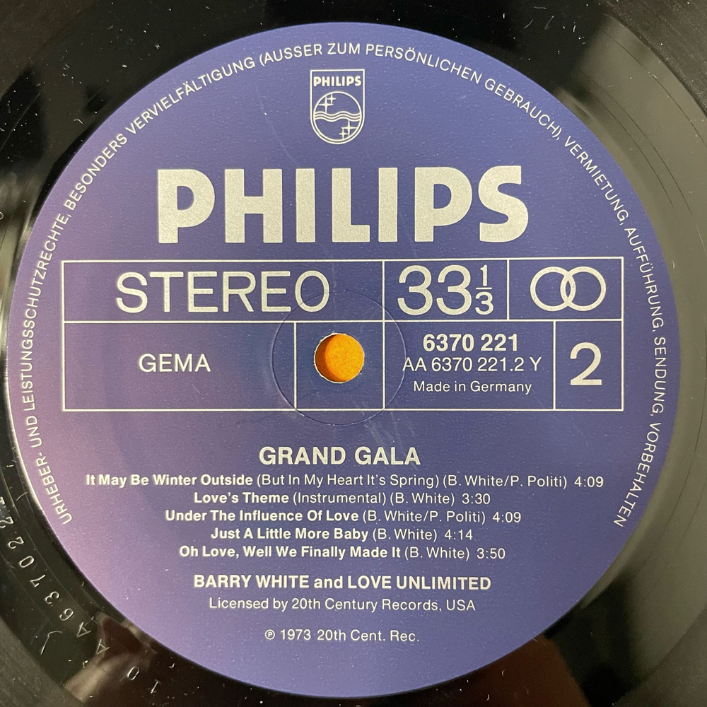Винтажная виниловая пластинка LP Barry White And Love Unlimited, Also Featuring Love Unlimited Orchestra, Grand Gala (Германия 1974) Never, Never Gonna Give Ya Up