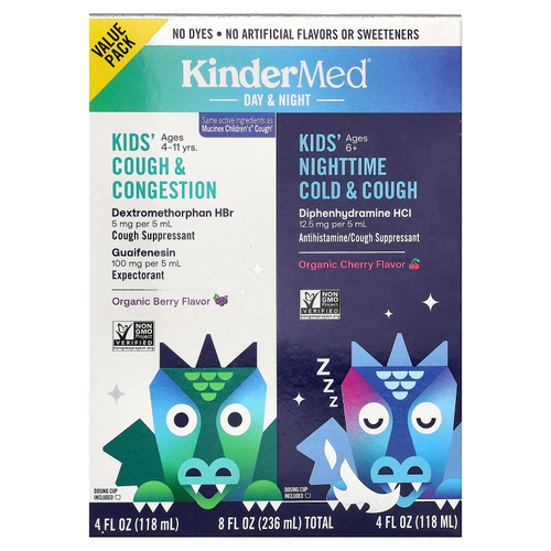 KinderFarms, KinderMed®, Kids Day & Night, средство от кашля, заложенности носа и простуды, 2 флакона по 118 мл (4 жидк. унции)