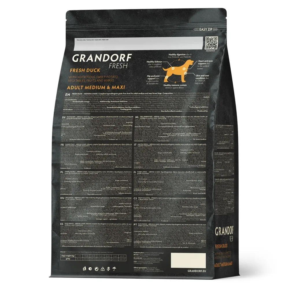 Сухой корм GRANDORF Fresh Dog Adult MED&MAXI Duck&Sweet Potato для собак средних и крупных пород из свежего мяса утки с бататом