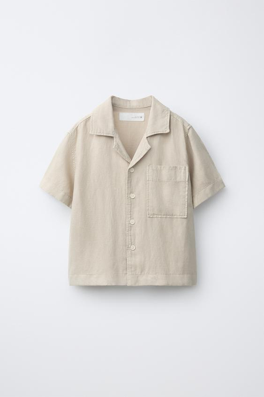 ZARA ЛЬНЯНАЯ РУБАШКА С КАРМАНОМ, ПЕСОЧНЫЙ