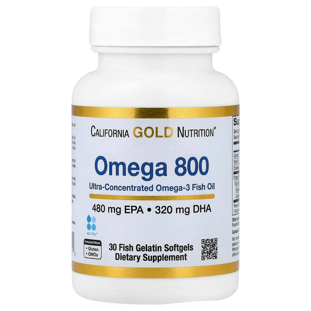 California Gold Nutrition, омега 800, ультраконцентрированный рыбий жир с омега-3, в форме триглицеридов KD-Pur®, 30 капсул из рыбьего желатина (1000 мг в 1 капсуле)