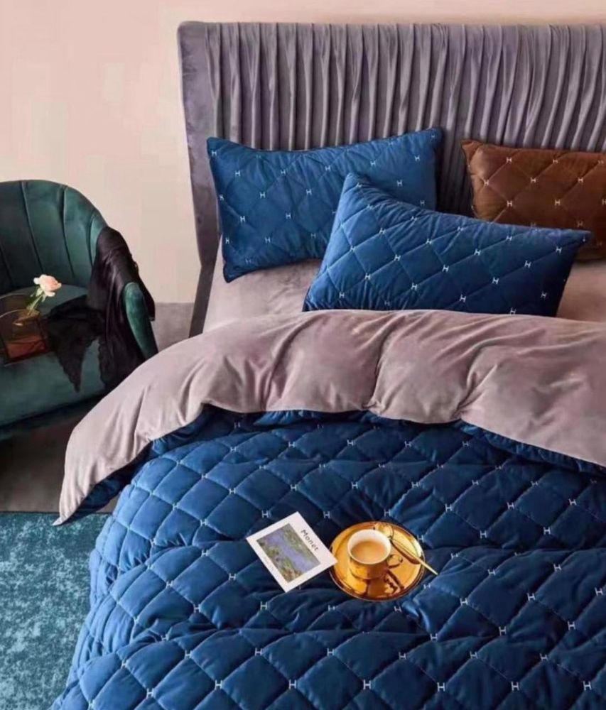 ZEPHYR HOME Комплект постельного белья Семейный (2 пододеяльника) Велюр Синий с серым