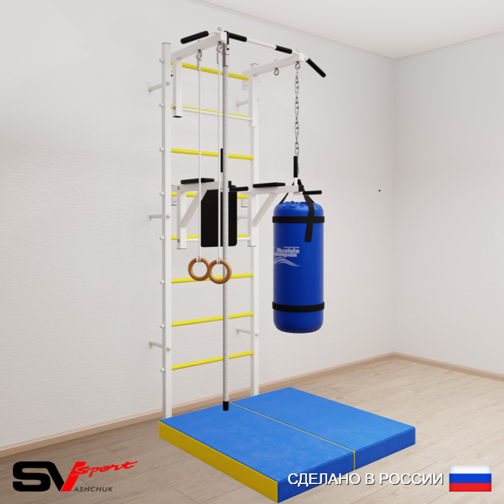 Шведская стенка Sv Sport усиленная 6745 (Турник стандарт/Брусья/Канат/Кольца/Цепь/Мешок 15кг/Мат 1м)
