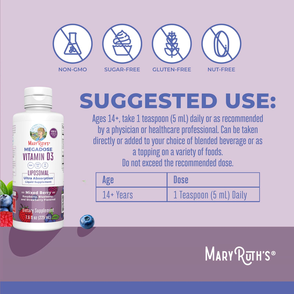 MaryRuth's, Megadose Vitamin D3, липосомальный витамин D3, ягодное ассорти, 4000 МЕ, 225 мл (7,6 жидк. унции)