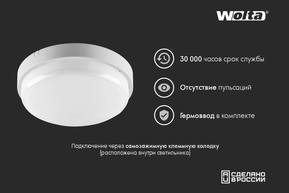 Светодиодный светильник ДПП01-12-001-4К 12Вт круг 4000K IP65 900 лм 190х48 мм WOLTA