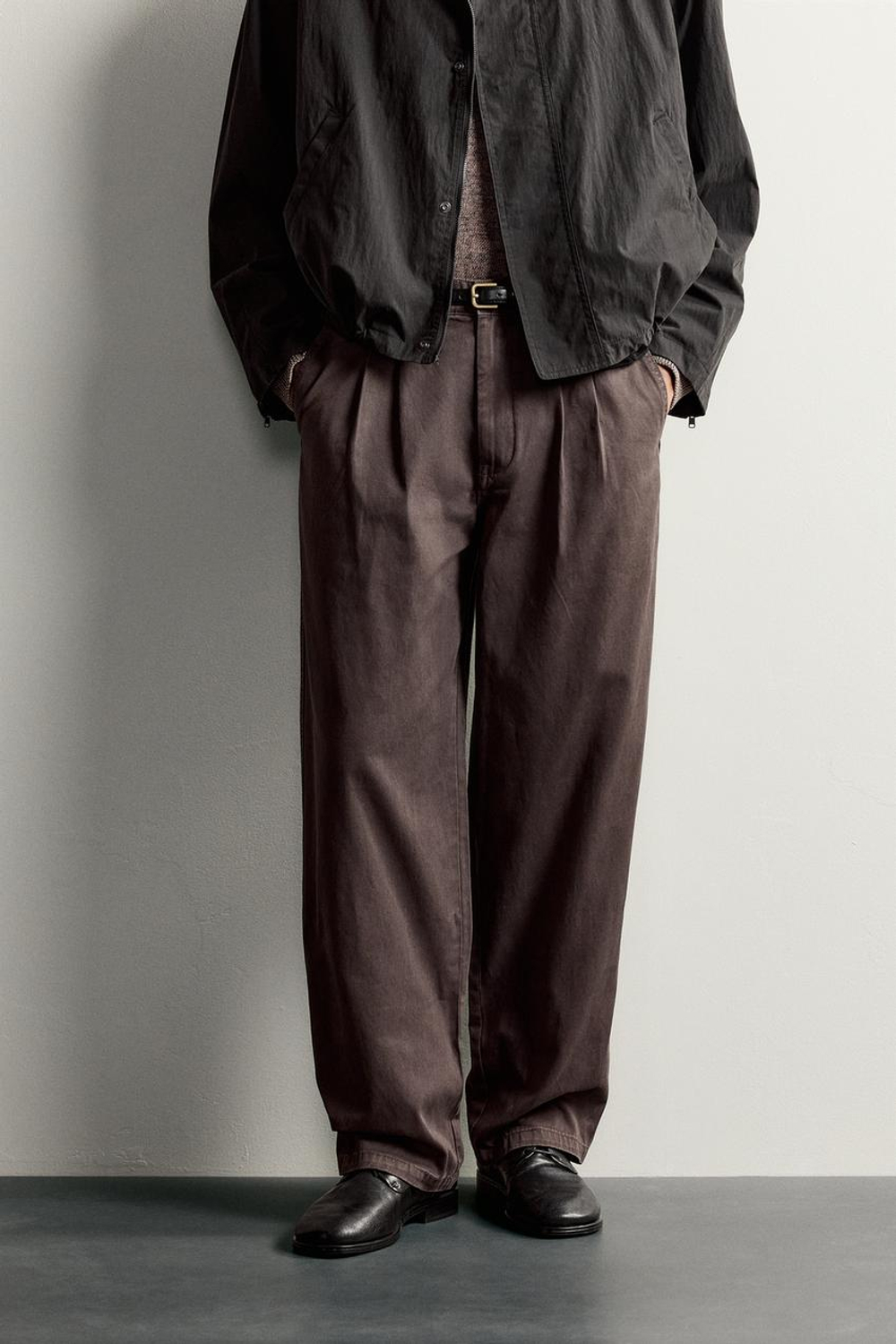 ZARA БРЮКИ RELAXED FIT С ЭФФЕКТОМ ПОТЕРТОСТИ И СКЛАДКАМИ, КОРИЧНЕВЫЙ