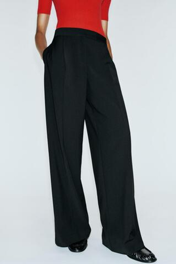 ZARA ШИРОКИЕ БРЮКИ С ЗАЩИПАМИ, ЧЕРНЫЙ
