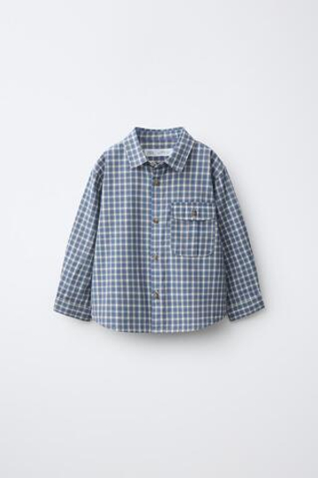 ZARA РУБАШКА В КЛЕТКУ С КАРМАНОМ, ВЫЦВЕТШИЙ СИНИЙ