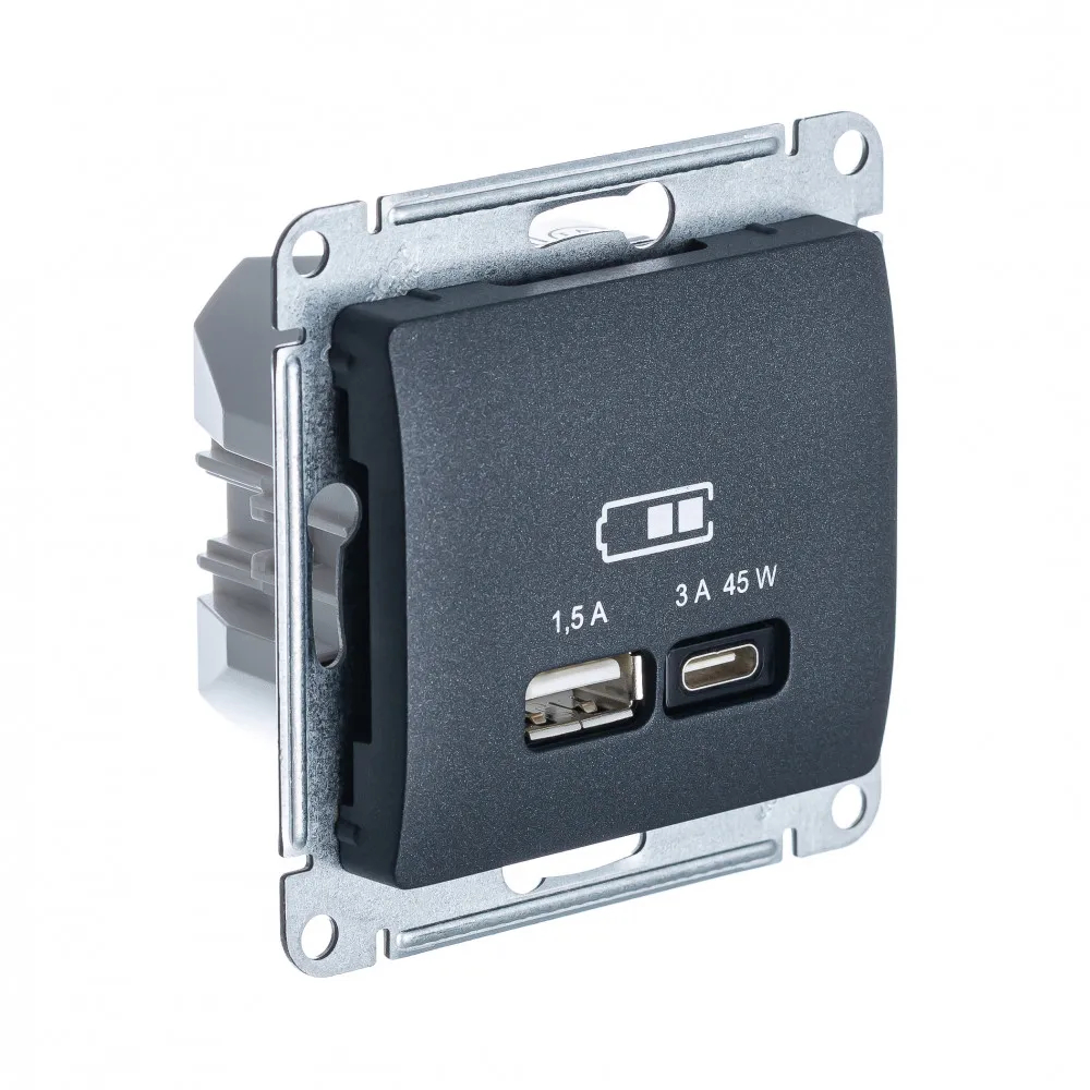 GLOSSA USB РОЗЕТКА A + тип-C 45Вт высокоскор.заряд. QC, PD, механизм, АНТРАЦИТ