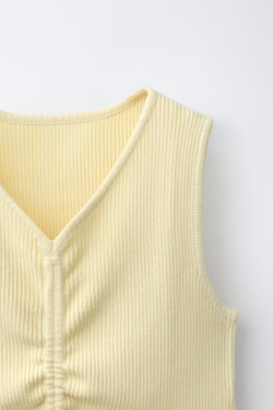 ZARA ТРИКОТАЖНЫЙ ТОП В РУБЧИК СО СБОРКАМИ, ЖЕЛТЫЙ