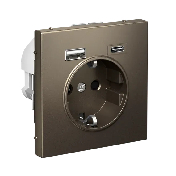 Розетка с USB A+C с заземлением и защитными шторками Systeme Electric ArtGallery Мокко GAL000632