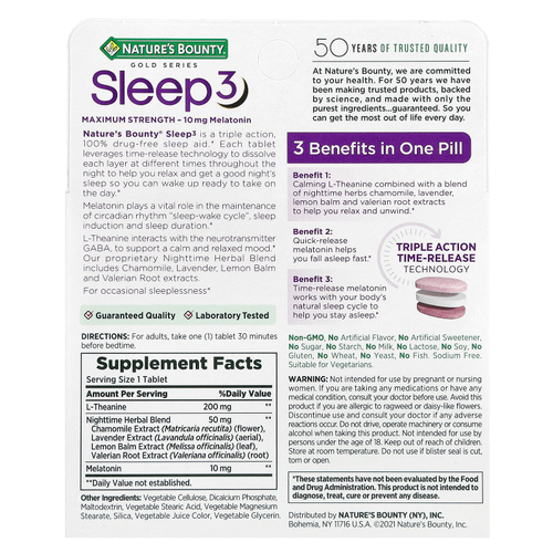 Nature's Bounty, Sleep 3, средство для снятия максимальной эффективности, без наркотиков, 30 трехслойных таблеток