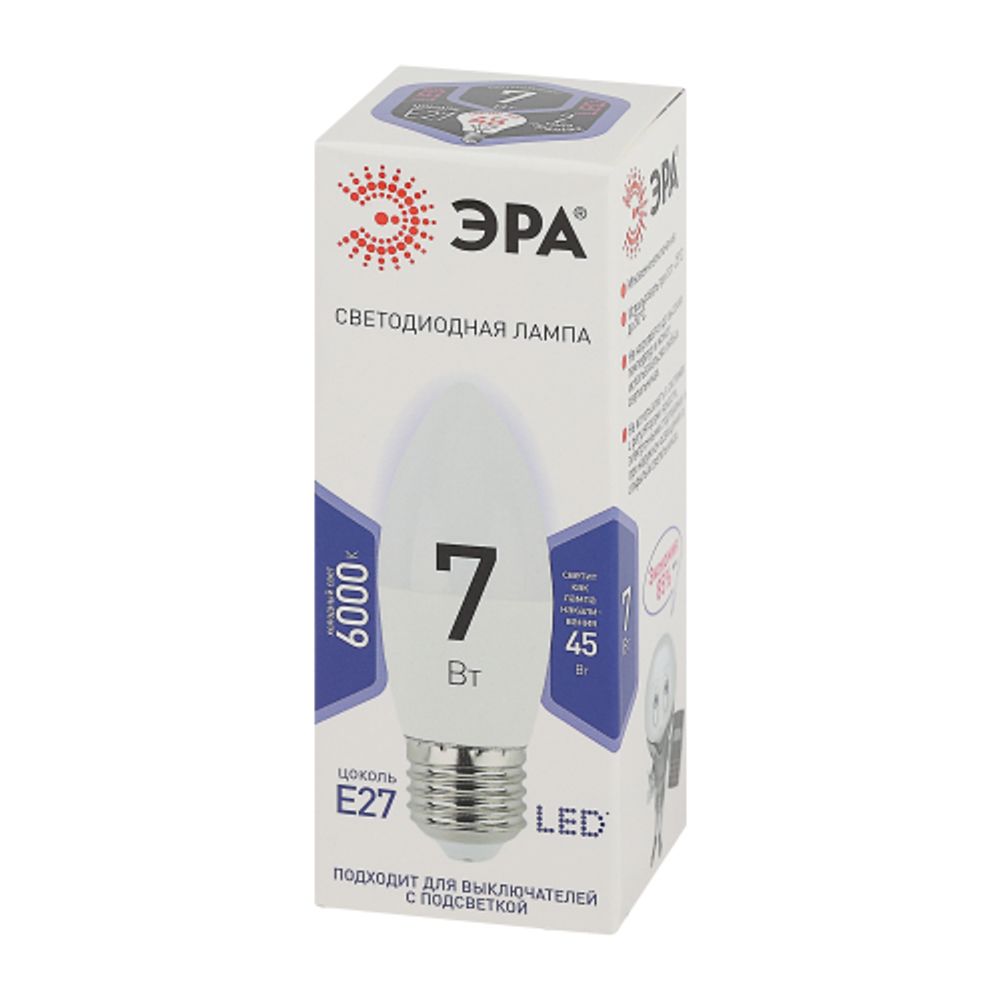 Лампа светодиодная ЭРА STD LED B35-7W-860-E27 7Вт свеча холодный дневной свет Е27 | Лампы cветодиодные Свеча (B/C)