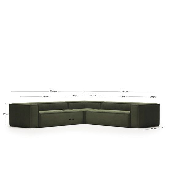 6-местный угловой диван Blok La Forma в зеленом толстом вельвете 320 x 320 см